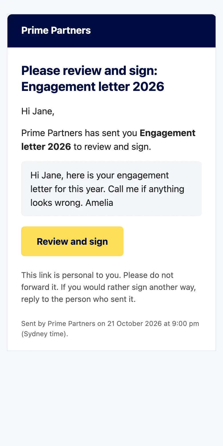 An invitation email on a phone: Please review and sign: Engagement letter 2026, with a personal note from the sender and a yellow Review and sign button.