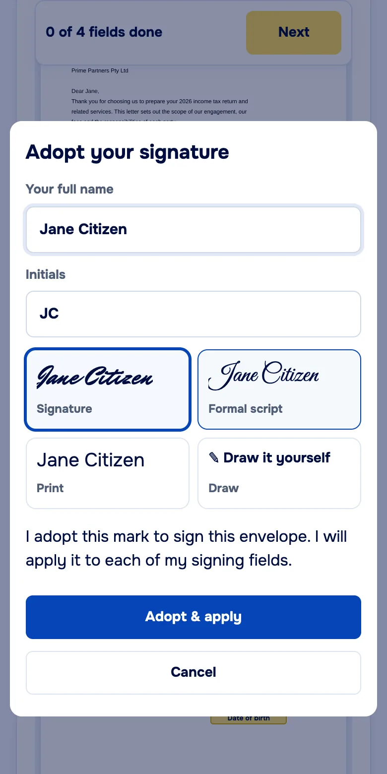 A client's phone showing the Adopt your signature step: the name Jane Citizen in four signature styles to choose from.